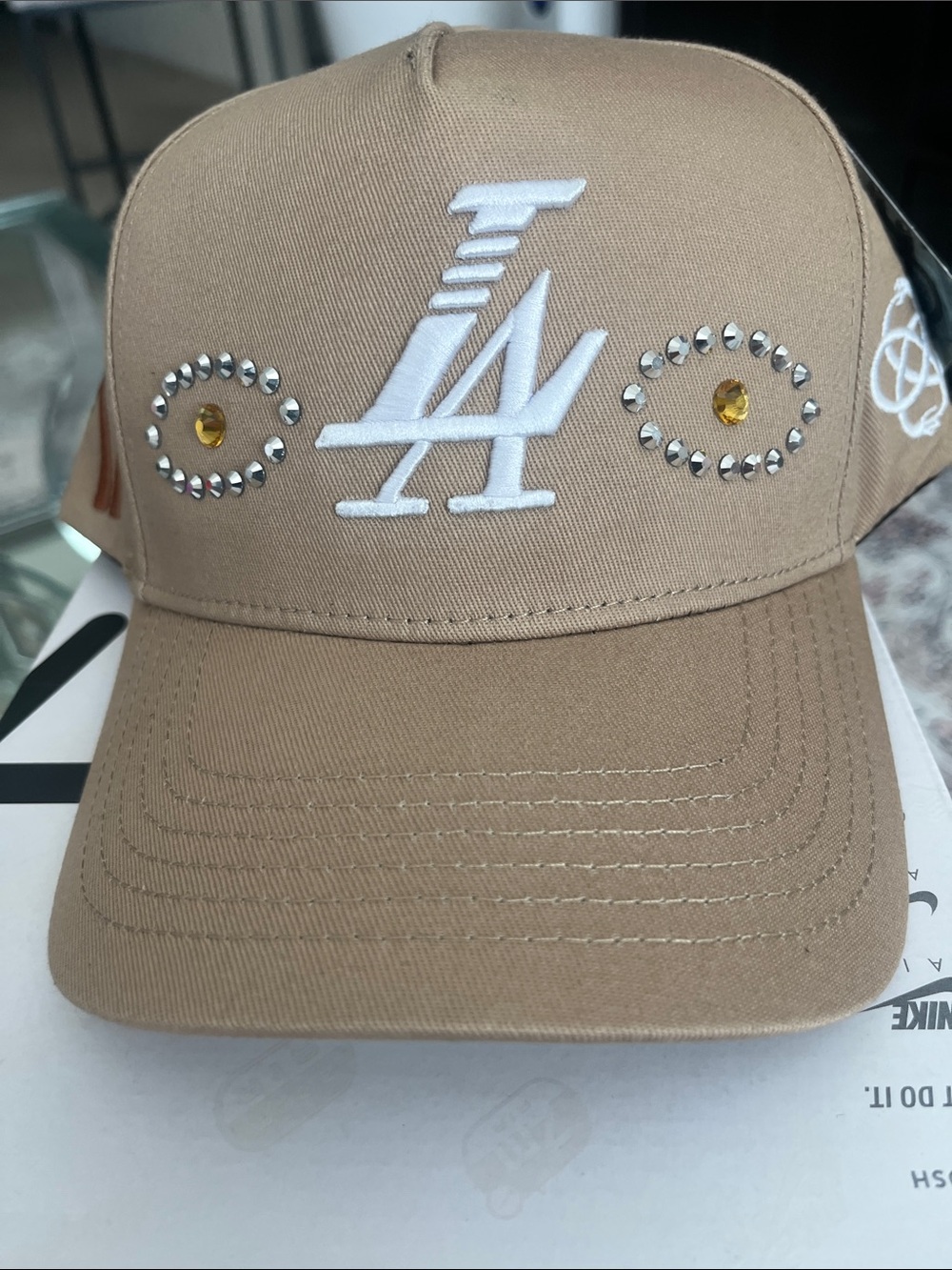 Embellished Tan Baseball Cap with White LA Logo
